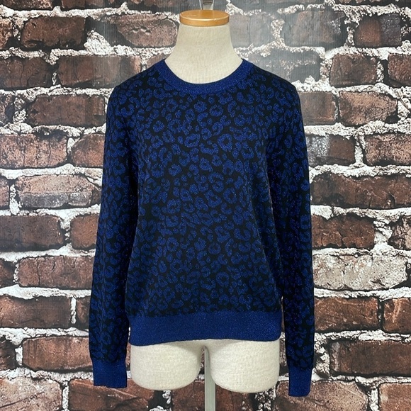 Banana Republic Sweater Women M Medium Blue Cheetah Print Crew Neck Pullover NWT - Picture 5 of 14